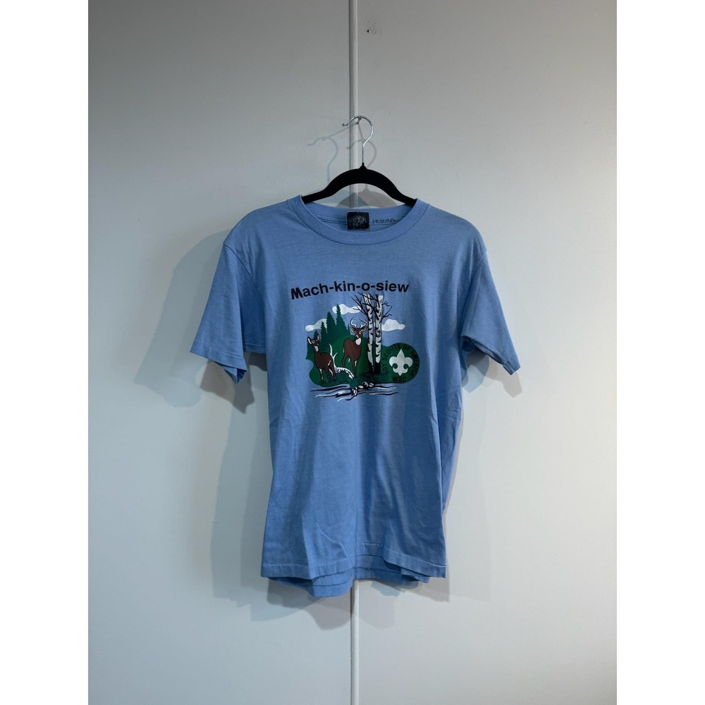 Vintage Mach-kin-o-siew Boy Scouts Shirt Mens Small Blue Healthknit Tee 80s